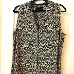 Banana Republic Large, Collared Tank Top — Patterned Navy & Tan